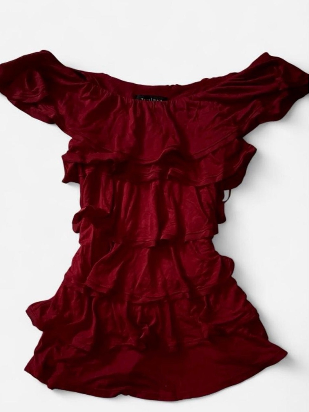 White House Black Market Burgundy Off-Shoulder Ruffle Tunic